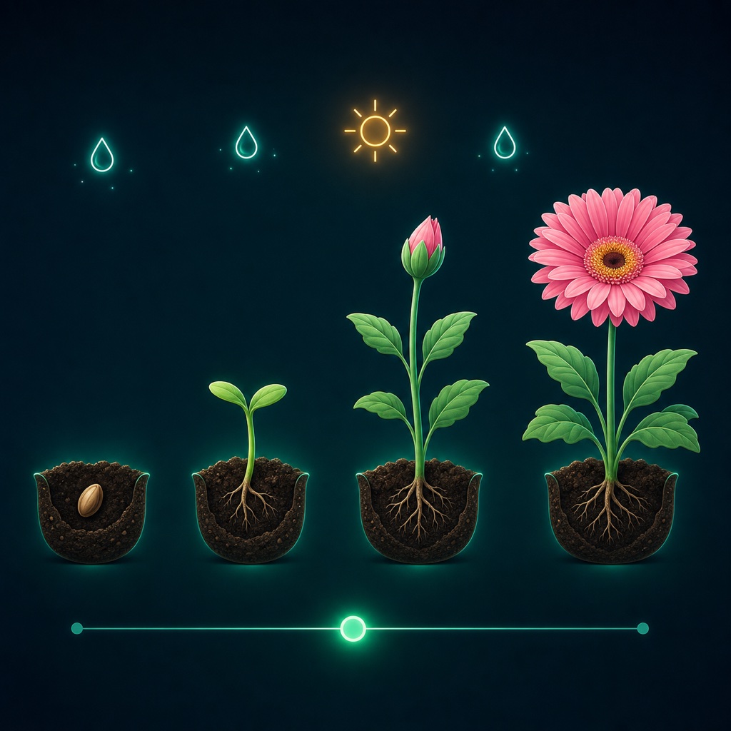 種から発芽、つぼみ、開花まで花が育つ成長タイムラインのイラスト